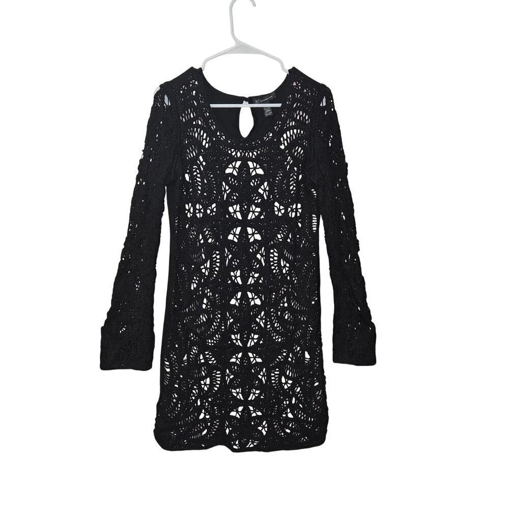 Crochet Black Long Sleeve Bodycon Dress Stretch Witchy Sz Medium Whimsigoth Goth